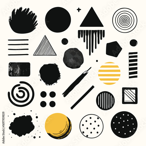 Abstract geometric shapes in black and yellow on a white background, creating a modern and artistic composition.