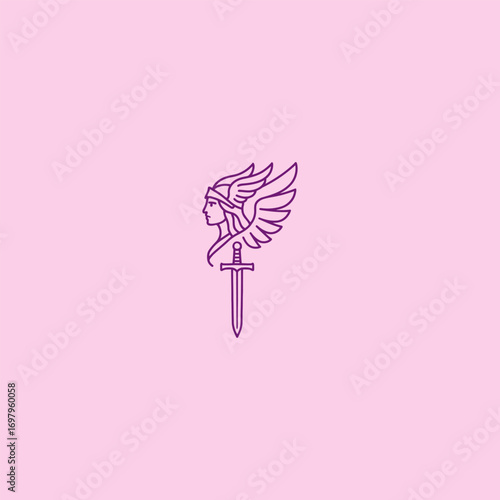 Valkyrie wing line art minimalist mythology logo design.