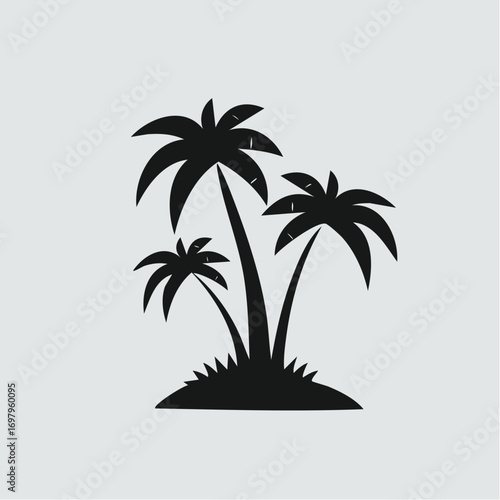 Simple black vector silhouette of three tropical coconut palm trees on a small island grass patch