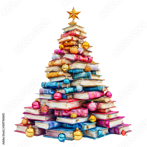 a whimsical christmas tree constructed entirely of stacked vintage books and adorned with colorful ornaments creates a festive and literary holiday scene.
