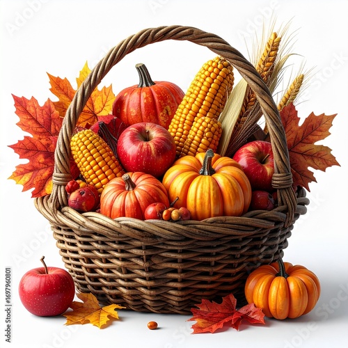 Autumn basket filled with pumpkins, apples, corn, and colorful leaves, symbolizing harvest, thanksgiving, and the cozy beauty of the fall season.
