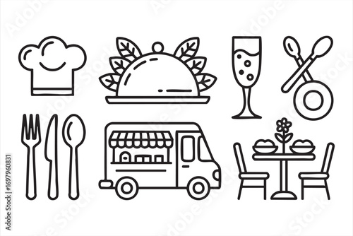 Vector Food Service Icon Set with Chef Hat Dish and Dining Symbols