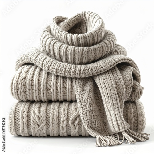Stack of cozy knitted sweaters with a scarf, symbolizing warmth, comfort, and autumn fashion. Perfect for fall, winter, and seasonal lifestyle themes.