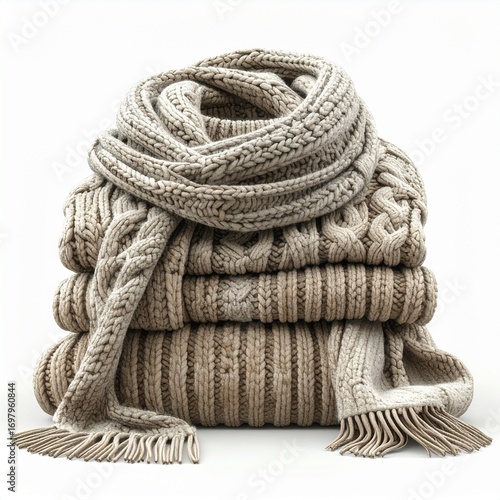Stack of cozy knitted sweaters with a scarf, symbolizing warmth, comfort, and autumn fashion. Perfect for fall, winter, and seasonal lifestyle themes.