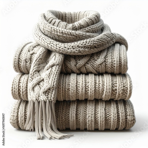 Stack of cozy knitted sweaters with a scarf, symbolizing warmth, comfort, and autumn fashion. Perfect for fall, winter, and seasonal lifestyle themes.