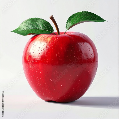 Fresh red apple with a green leaf and water droplets, symbolizing health, freshness, and the flavors of autumn harvest. Perfect for seasonal, food, and nature themes.