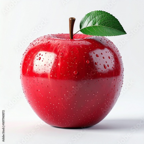 Fresh red apple with a green leaf and water droplets, symbolizing health, freshness, and the flavors of autumn harvest. Perfect for seasonal, food, and nature themes.