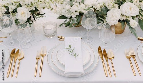 Elegant white and gold wedding reception table setting