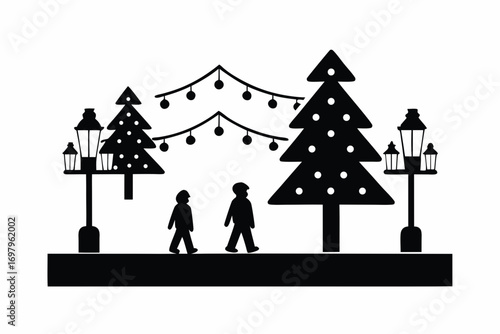 Snow-covered street with glowing lanterns hanging, people walking in warm clothes, festive winter celebration vector illustration