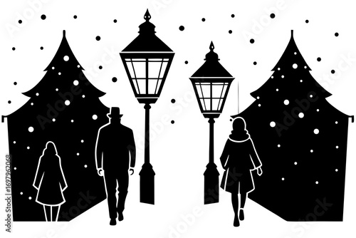 Snow-covered street with glowing lanterns hanging, people walking in warm clothes, festive winter celebration vector illustration