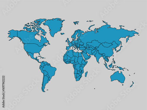 Simple World map. Blue political World map with countries and borders. Vector template for infographic and education.