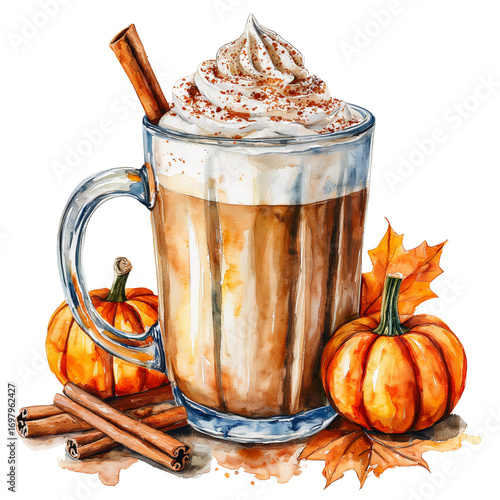 a watercolor painting depicts a glass of pumpkin spice latte with whipped cream, cinnamon sticks, miniature pumpkins, and autumn leaves on a white background.