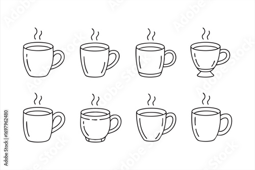 Café beverage icons, outline mugs and steaming cups vector collection