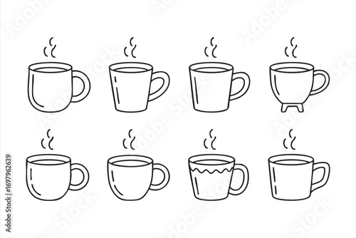 Vector collection of steaming coffee cups and mugs outline illustrations