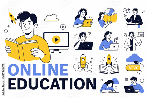 Online Education Vector Set – E-learning, Students, Digital Tools, White Background