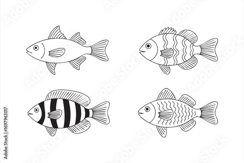 Aquatic animal vector set of fish with stripes, scales, and wavy patterns