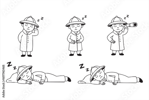 Vector cartoon boy explorer sleeping and dreaming in multiple positions