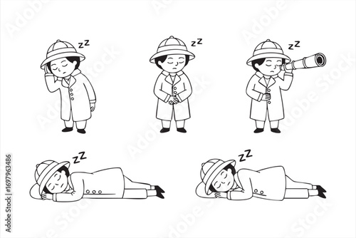 Cute child adventurer in hat and coat resting and napping vector set