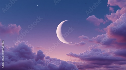 Dreamy lavender dusk enfolds crescent moon, evoking serenity and Ramadan reflections; celestial tranquility meets nocturnal whispers of Eid