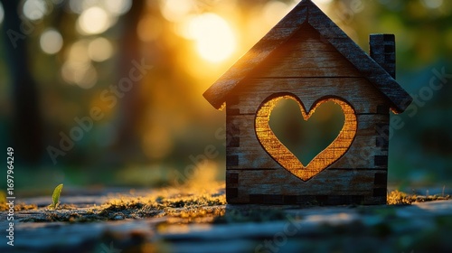 Fototapeta Naklejka Na Ścianę i Meble -  Wooden house with heart cutout, sunset background