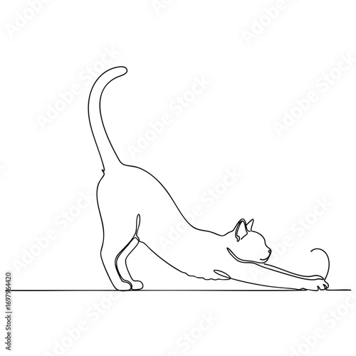 Continuous oneline drawing of a graceful cat stretching its back and arching its spine.