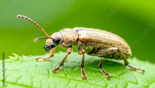 Wallpaper Mural Detailed close-up of a golden-brown beetle resting on a vibrant green leaf, showcasing intricate details and the natural beauty of the insect's textured carapace. Torontodigital.ca