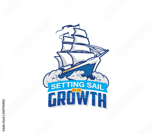 Sail for Growth Logo, Vector illustration of Old Galleon Pirate Ship or Classic Merchant Sailing Vessel Boat on ocean sea waves for vintage nautical illustration label logo design