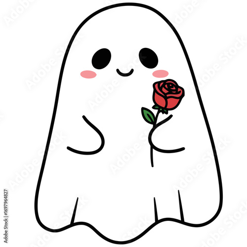 Adorable Cartoon Ghost Holding a Red Rose with Green Leaves.