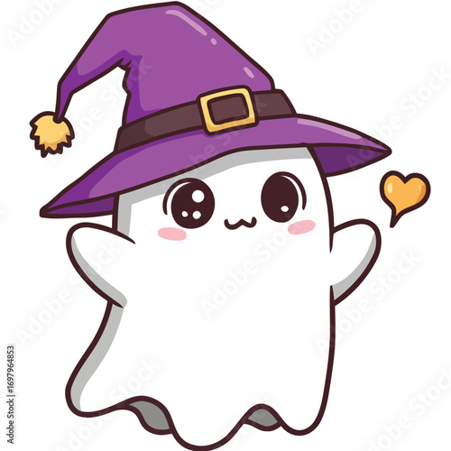 Adorable Cartoon Ghost with Purple Witch Hat and Heart.