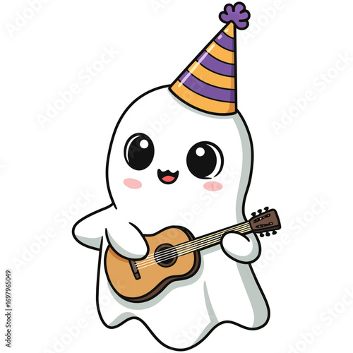 Cartoon Ghost Playing Guitar Wearing Party Hat Illustration.