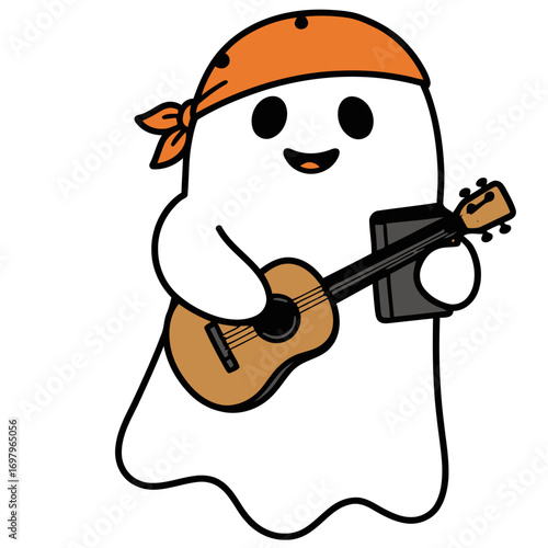Cartoon Ghost Playing Ukulele with Orange Bandana Illustration.