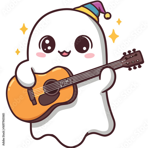 Cartoon Ghost Playing Acoustic Guitar with Party Hat and Stars.