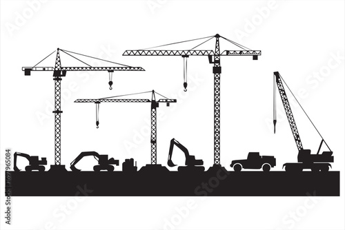 Black Silhouette Icons of Trucks and Cranes for Building Illustration