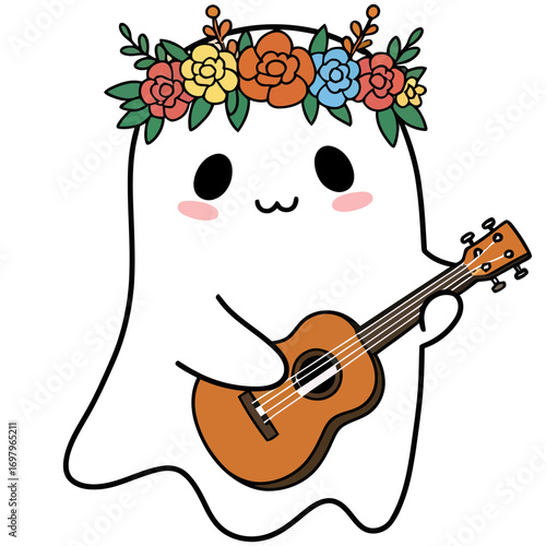 Cartoon Ghost with Floral Crown Playing a Brown Ukulele.