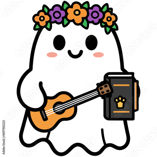 Cartoon Ghost with Flower Crown Playing Ukulele and Holding Book.