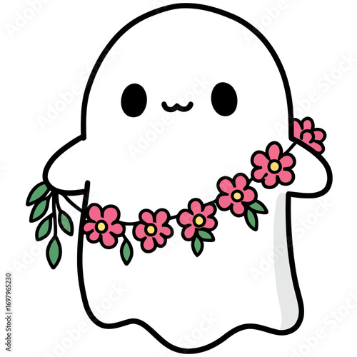 Cartoon Ghost with Flower Lei Cute Halloween Spirit Illustration.