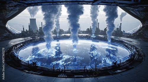 Vast Industrial Cityscape Emitting Smoke into Futuristic Dome Environment