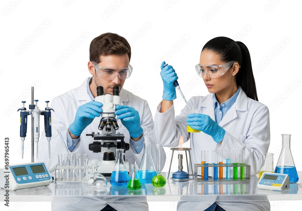 Fototapeta premium Two scientists in lab coats and gloves working with beakers and a microscope isolated on transparent background
