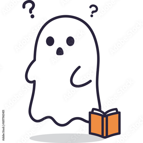 Cartoon Ghost with Question Marks and Orange Book Illustration.