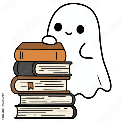 Cartoon Ghost with Stack of Books Halloween Illustration Cute Character.