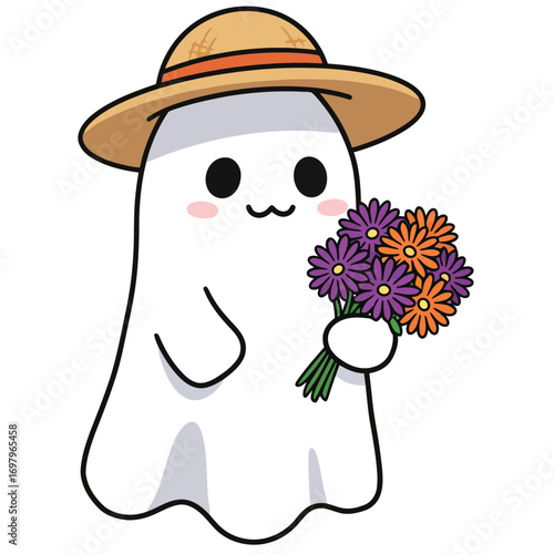 Cartoon Ghost with Straw Hat Holding a Bouquet of Flowers.
