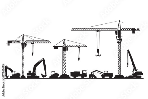 Industrial Silhouettes of Construction Cranes and Heavy Machinery Vector Set