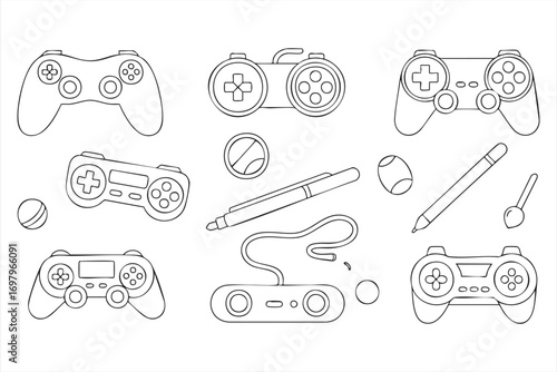 Vector Video Game Controllers Set with Consoles and Gaming Devices