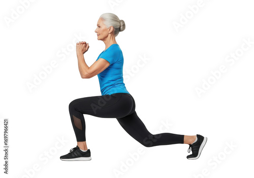 Fit senior woman performing a lunge exercise in athletic wear isolated on transparent background