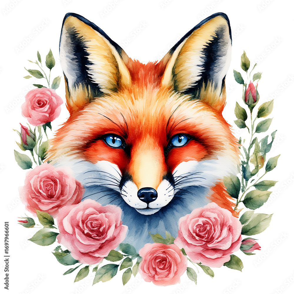 Fototapeta premium a watercolor painting depicts a striking fox head framed by a delicate wreath of pink roses and lush green foliage.