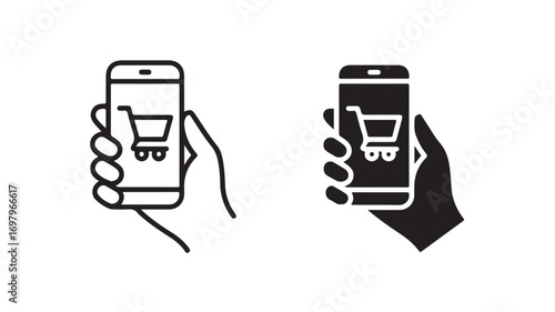 Vector art of hand holding smartphone with shopping cart icon, representing online shopping and ecommerce