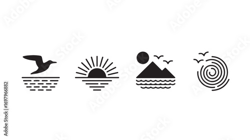 Vector art of collection of four minimalist black and white icons representing nature scenes a bird over water, a sunrise over water, mountains and sun over water, and a whirlpool with birds