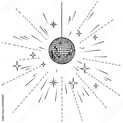 Hanging sparkling disco ball with light rays and stars line art illustration.