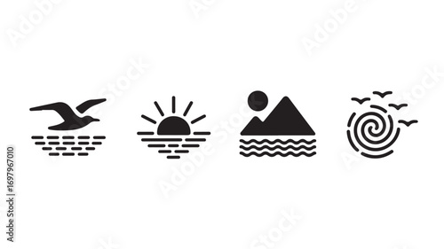 Vector art of collection of four minimalist black and white icons representing nature scenes a bird over water, a sunrise over water, mountains and sun over water, and a whirlpool with birds