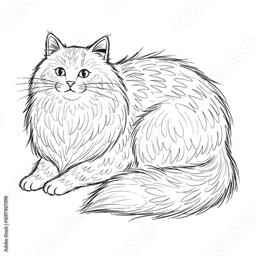 Handdrawn sketch of a fluffy longhaired cat sitting with a bushy tail.